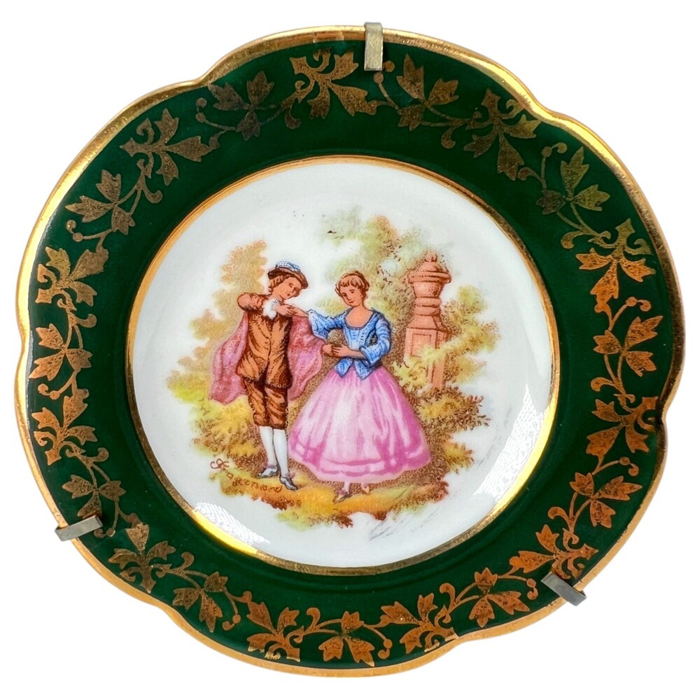 Limoges Miniature Plate Victorian Courting Couple Green and Gold 3-3/8” France